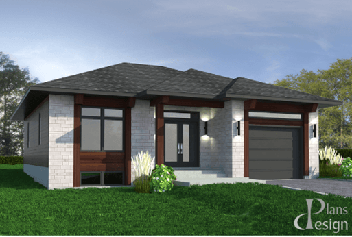 White stone house with wood inserts, black 4-sided roof and black garage door.